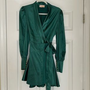 Club L emerald green satin wrap dress